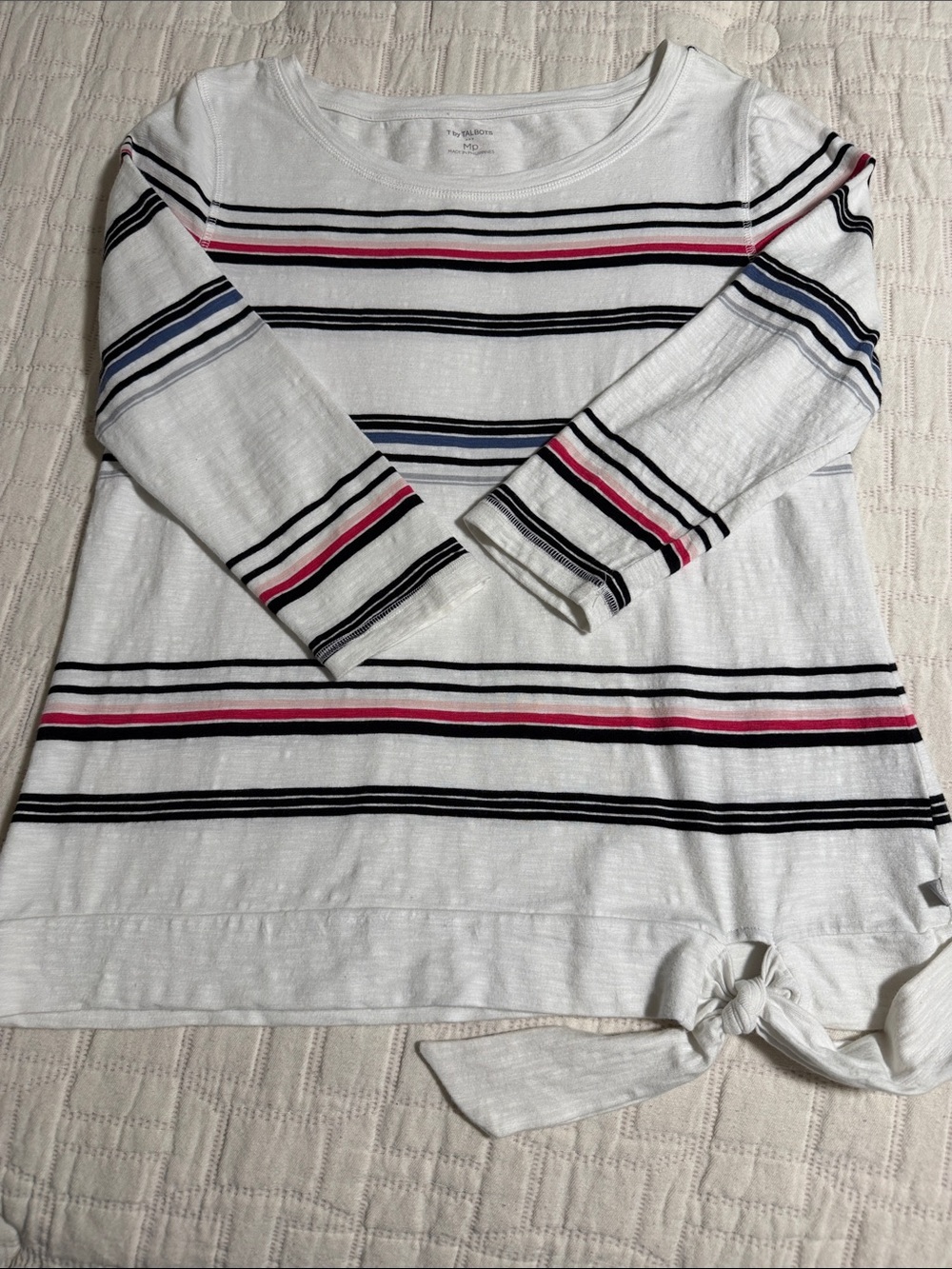 T by Talbots Striped Tie-Hem 3/4 Sleeve Top - White with Pink & Blue Stripes